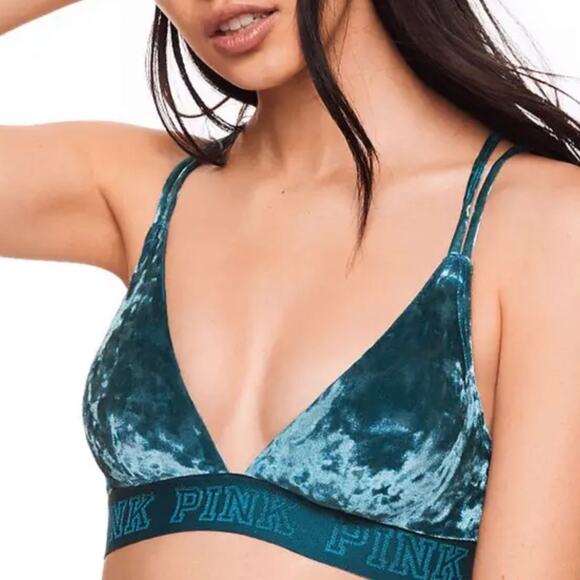 VICTORIA’S SECRET • PINK Triangle Velvet Strappy Unlined Teal Bra Bralette - Picture 1 of 6